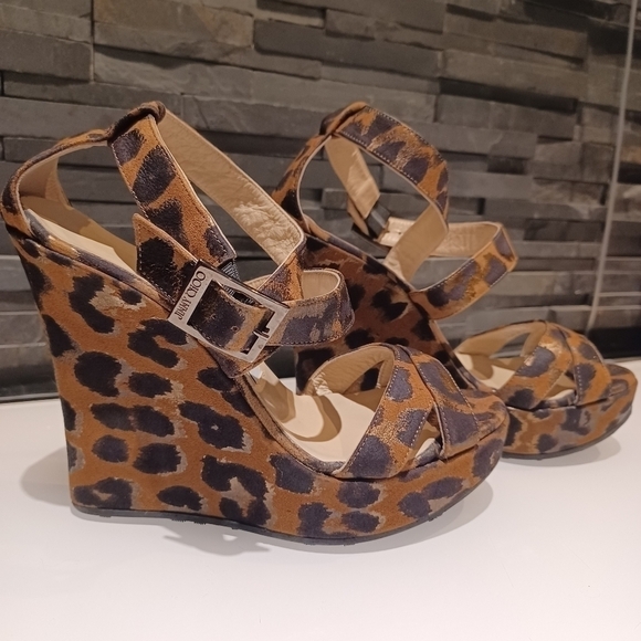 Jimmy CHOO leopard fabric print strappy anckle sandals platforms wedges - Picture 3 of 10